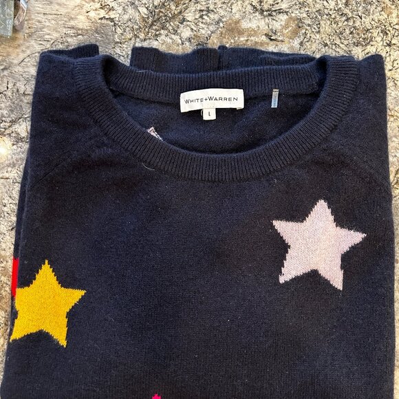 White + Warren, Dark Navy Cashmere Sweater with Stars, Ladies Size L - Picture 1 of 8